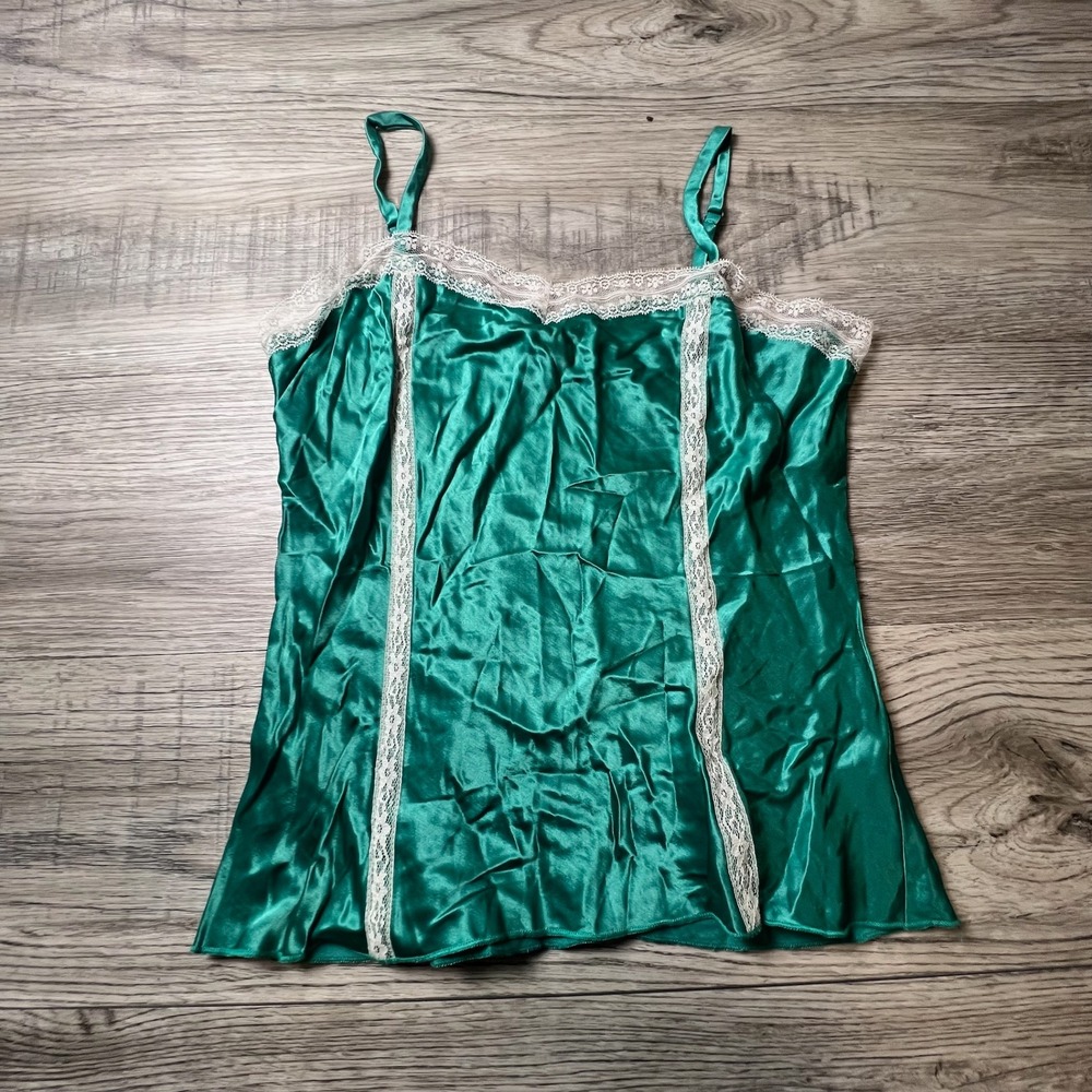 A. Byer Cami Top Womens L Green Satin Lace Trim Vintage 90s Made in USA AG69